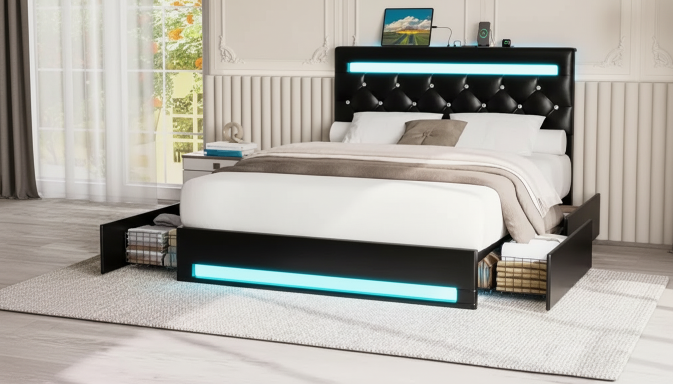 LED PU Leather Platform Bed w/ Drawers + Adjustable Headboard