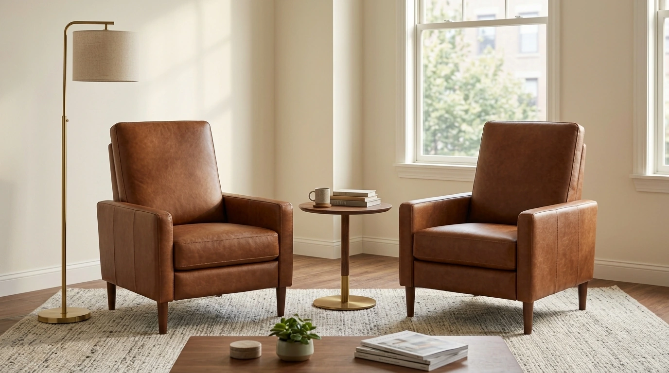 2 Mid-Century Leather Push-Back Recliners (Set of 2)