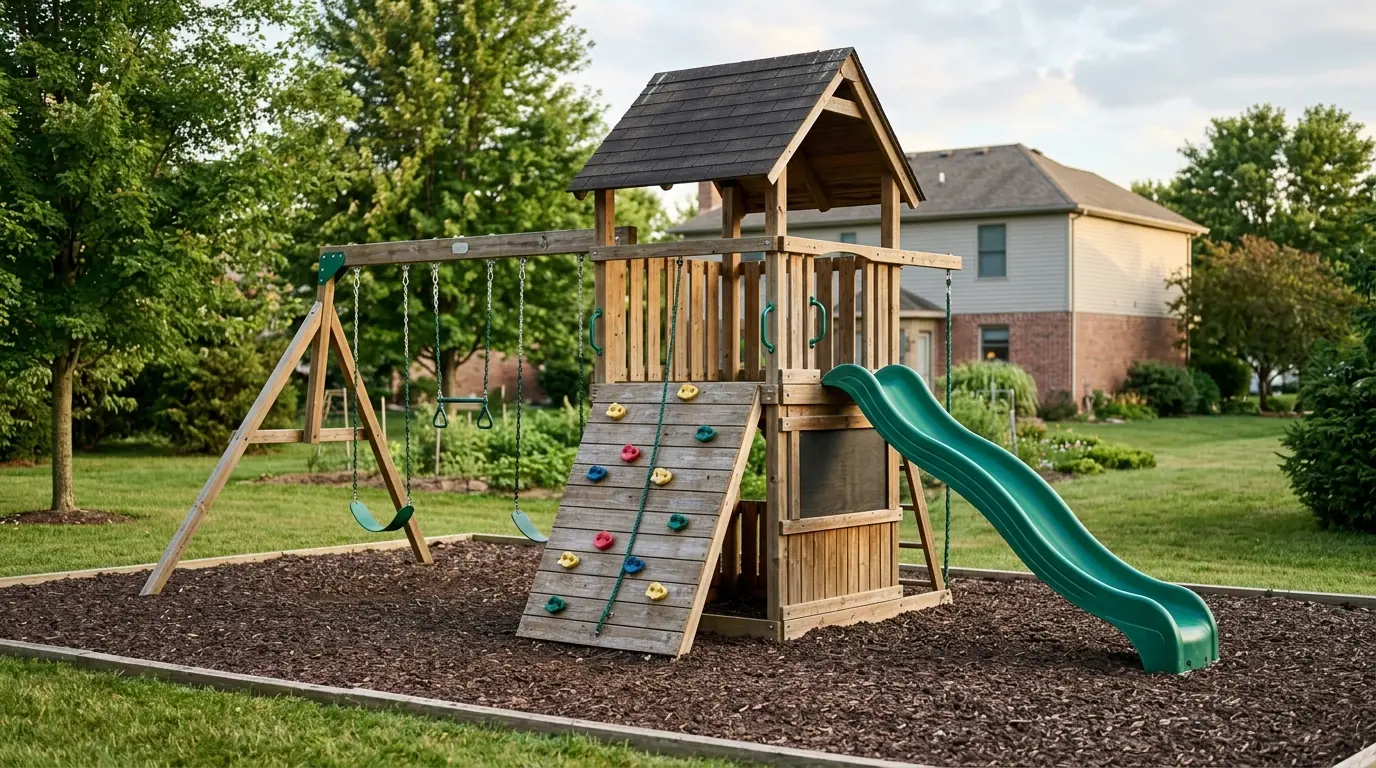 Wooden Swing Set: 2 Swings, Slide, Wall & Chalkboard