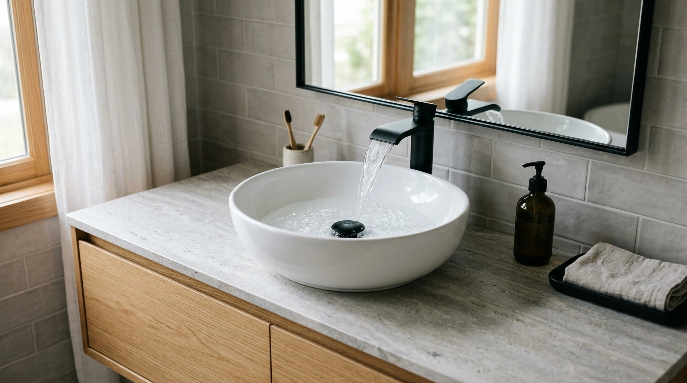 Ceramic Vessel Sink Set: Black Waterfall Faucet + Drain