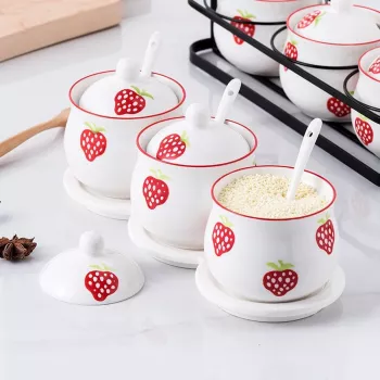 Cute Korean Strawberry Ceramic Spice Jars for the Counter
