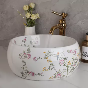Flower & Bird Ceramic Vessel Sink + Gold Faucet Set